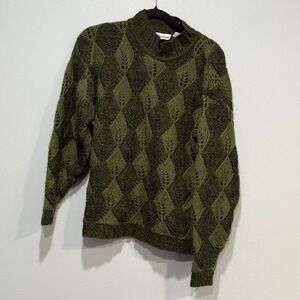 VTG grandpa retro Men Mock Neck Leaf Pattern Knit Sweater Green Medium